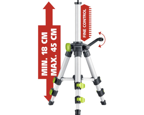Stativ de construcție cu o înălțime minimă de 18 centimetri și o înălțime maximă de 45 centimetri