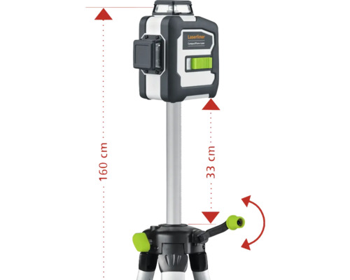 Laserliner CompactPlane-Laser pe un trepied cu o înălțime de 160 de centimetri și o înălțime a dispozitivului de 33 de centimetri.