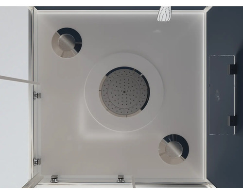 Vedere interioară a unei cabine de duș cu duș de ploaie și duze de masaj.