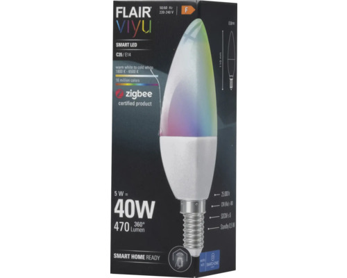 Ambalaj pentru un bec LED inteligent Flair Viyu, C35/E14, cu 16 milioane de culori și certificare Zigbee
