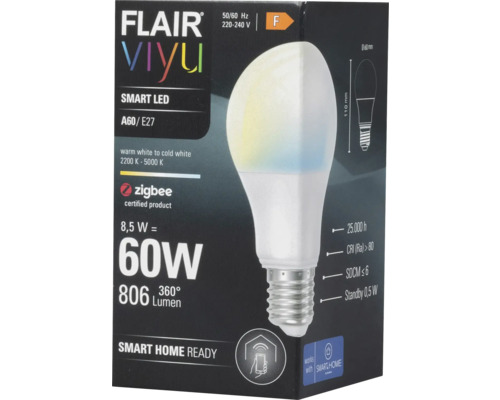 Ambalajul unui bec inteligent cu LED Flair Viyu A60 E27