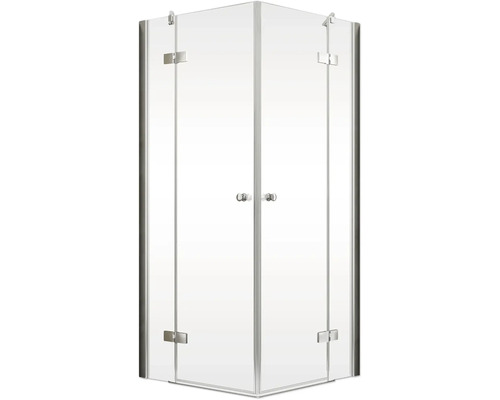 Cabină de duș pe colț cu două uși batante din sticlă