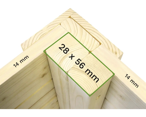 Vizualizare detaliată a unui cadru din lemn cu dimensiunile de 28 x 56 milimetri și 14 milimetri
