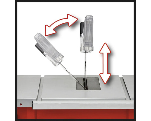 Fierăstrău cu bandă cu ghidaj al lamei pivotant și reglabil pe înălțime.