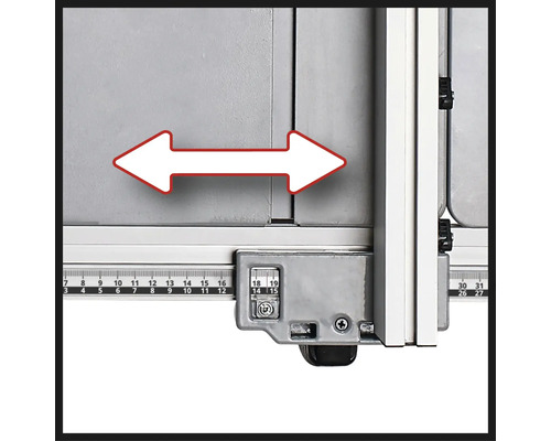 Reglarea lățimii de tăiere pe o masă de tăiat cu scară și săgeți.