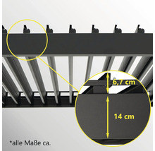 Imagine detaliată a unui acoperiș de terasă din aluminiu cu indicații de dimensiuni.