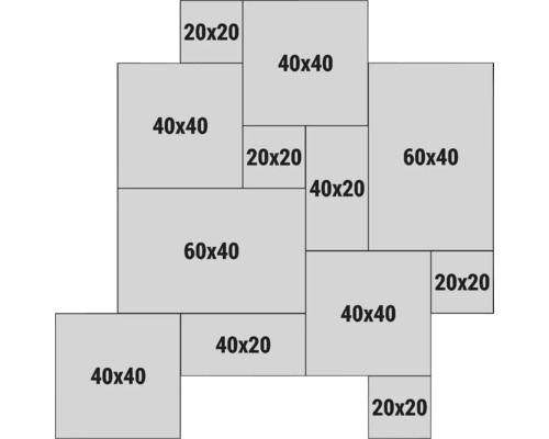 Model de gresie cu diferite dimensiuni de gresie: 20x20, 40x40, 60x40 și 40x20 centimetri.
