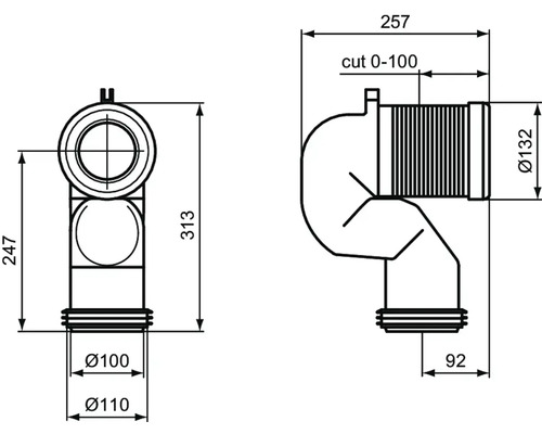Desen tehnic al unui sifon cu dimensiuni