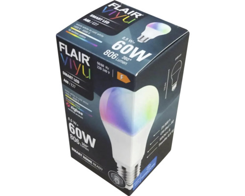 Ambalaj pentru un bec inteligent LED Flair Viyu A60 E27 cu putere de 8,5 wați, echivalent cu 60 wați și luminozitate de 806 lumeni
