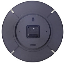 Partea din spate a unui ceas de perete rotund, funcționat cu baterii