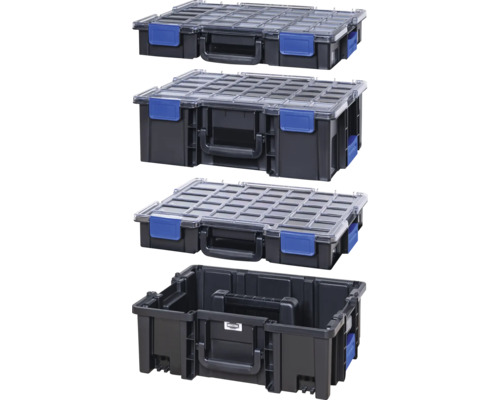 Patru cutii de sortare negre cu capace transparente și închizători albastre