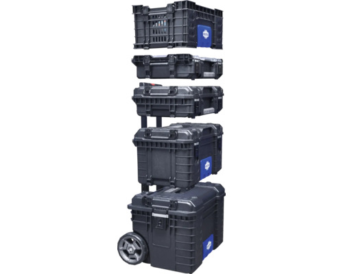 Sistem de cutii de scule negre, din mai multe piese, cu cărucior de transport