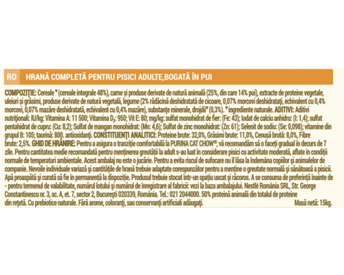 Informații despre ingredientele și valorile nutriționale ale hranei pentru pisici