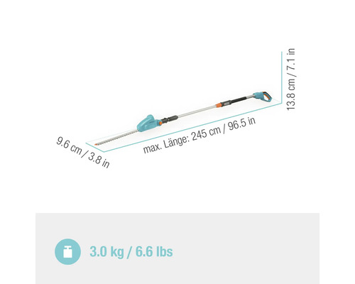 Foarfecă de tuns gard viu telescopică cu acumulator Gardena cu dimensiuni