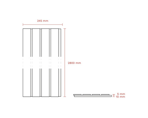 Desen tehnic al placajului de perete cu dimensiunile 245 mm lățime, 2800 mm lungime și 10 mm grosime.