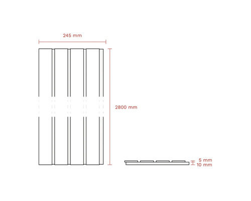 Desen tehnic al unui placaj de fațadă cu dimensiunile de 245 mm lățime, 2800 mm lungime și 10 mm grosime.