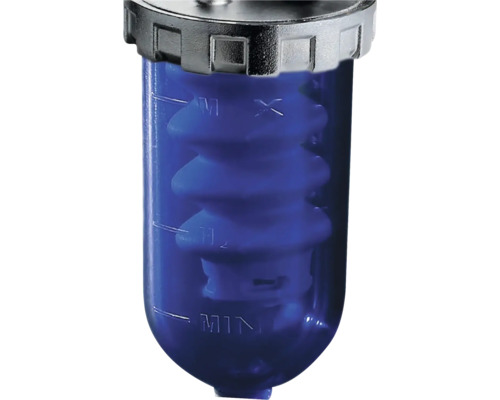 Vizualizare detaliată a unui separator de ceață de ulei albastru cu indicator de nivel.