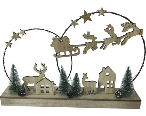 Decorațiune de Crăciun cu sanie trasă de reni, case, brazi și iluminare