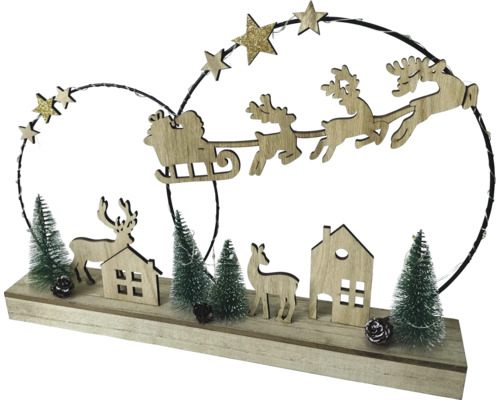 Scenă decorativă de Crăciun cu figurine din lemn și iluminare LED pentru o atmosferă festivă