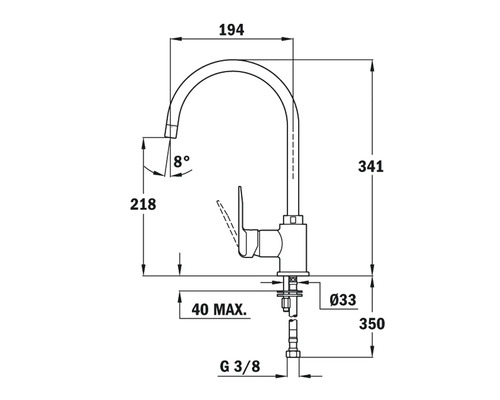 Desen tehnic al unei baterii de bucătărie cu dimensiuni.