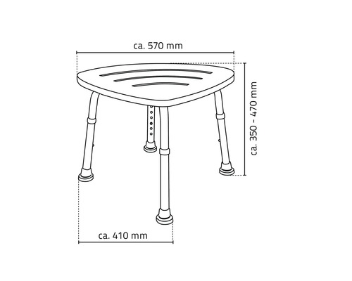 Desen al unui scaun de duș triunghiular cu picioare reglabile și indicații de dimensiuni.