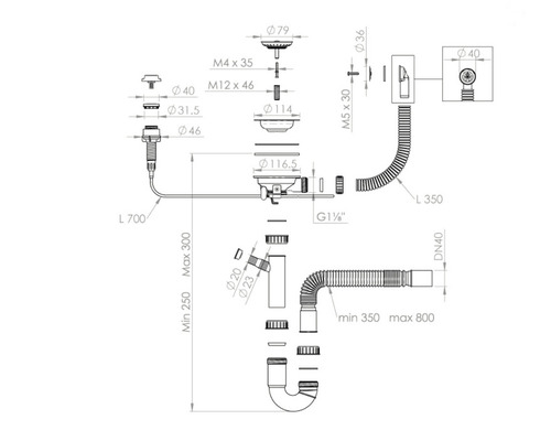 Desen al unui sistem de scurgere pentru lavoar cu dimensiuni.