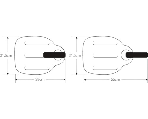 Desen tehnic al unei polițe pentru cadă cu dimensiunile 31,5 cm înălțime, 38 cm adâncime și 55 cm adâncime.