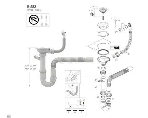 Desen tehnic al unui set de sifon cu dimensiuni și instrucțiuni de montaj.