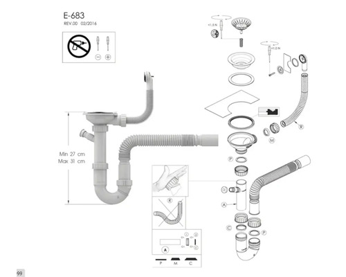 Desen tehnic al unui sistem de scurgere a chiuvetei cu țevi flexibile și instrucțiuni de instalare