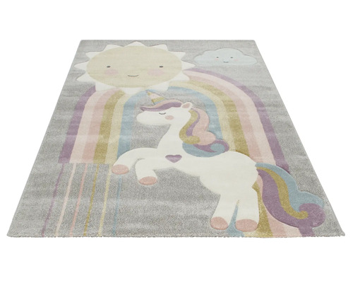 Covor pentru camera copiilor cu unicorn, curcubeu, soare și motiv de nori