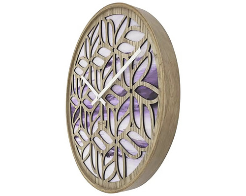 Ceas decorativ de perete din lemn cu model floral și afișaj orar