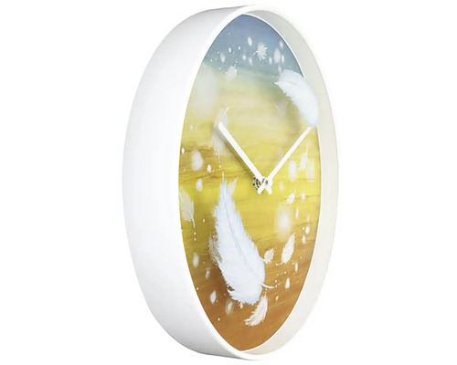 Ceas de perete rotund cu motiv cu pene și ramă albă
