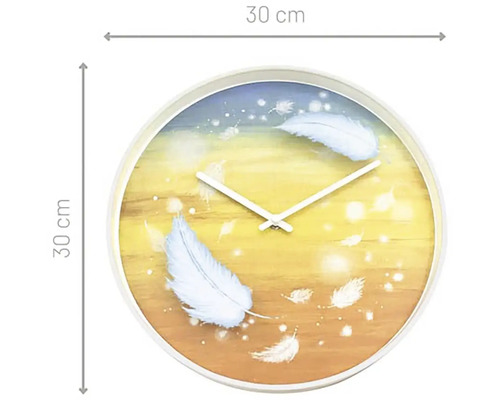 Ceas de perete rotund, 30 cm diametru, cu motiv de pene