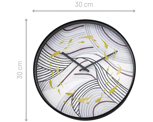 Ceas de perete rotund, cu diametrul de 30 de centimetri, cu model de pește