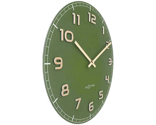 Ceas de perete Nextime, ceas rotund verde cu arătătoare și cifre aurii