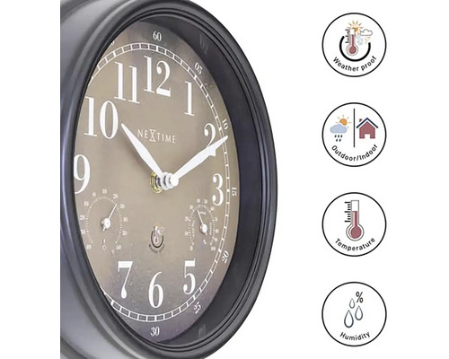 Ceas de perete Nextime cu termometru și higrometru, rezistent la intemperii