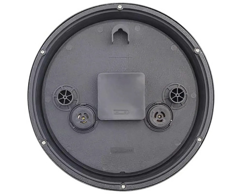 Partea din spate a unui ceas rotund cu compartiment pentru baterii și dispozitiv de agățare.