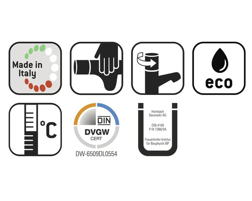Sigiliu Made in Italy, instrucțiuni de instalare, funcție de economisire a apei, scală de temperatură, certificat DIN DVGW, marcaj de testare Hornbach, sigiliu Eco