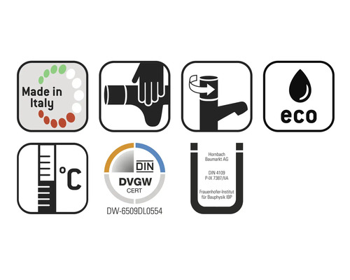 Produs fabricat în Italia, simbol pentru montarea țevilor, economie de apă, afișaj de temperatură, certificat DIN DVGW, sigiliul Hornbach Baumarkt AG