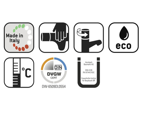 Simboluri și sigilii: Fabricat în Italia, instrucțiuni de montaj, funcție de economisire a apei, interval de temperatură, Deutsches Institut für Normung, Deutscher Verein des Gas- und Wasserfaches certificat, logo Hornbach