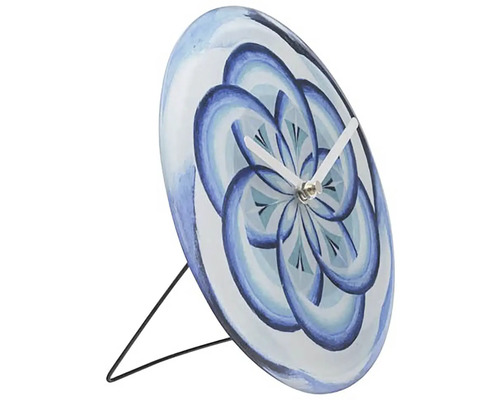 Ceas de masă cu model floral albastru și picior metalic
