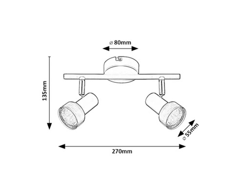 Desen tehnic al unei lămpi de tavan cu două spoturi și indicații de dimensiuni