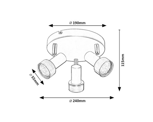 Desen tehnic al unei lămpi de plafon cu trei spoturi și indicații dimensionale