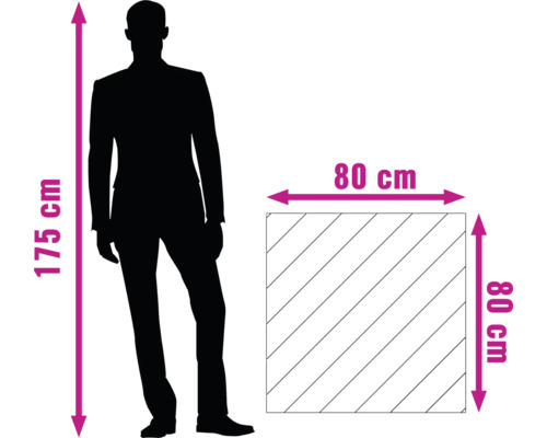 Reprezentare dimensiune produs cu o persoană de 175 cm înălțime și un pătrat cu latura de 80 cm.