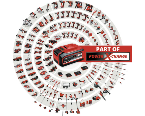 Acumulator Einhell Power X-Change înconjurat de scule compatibile