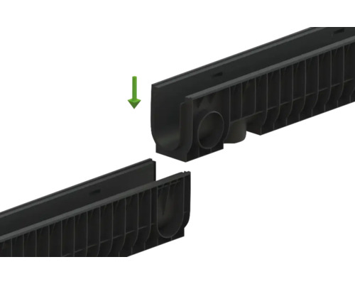 Două rigole de drenaj din plastic negru sunt unite, reprezentate printr-o săgeată verde.