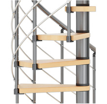 Imagine detaliată cu o scară spiralată cu trepte din lemn și balustradă metalică