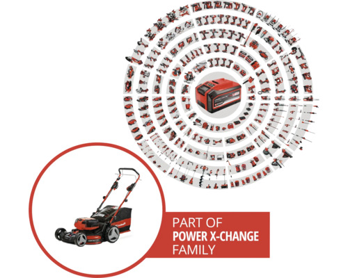Familie de acumulatori Einhell Power X-Change cu mașină de tuns iarba și unelte