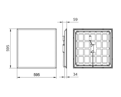 Desen tehnic al unei trape de vizitare cu dimensiunile 595 x 595 x 59 milimetri.