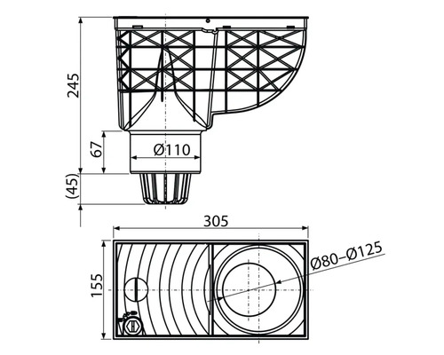 Desen tehnic al unei cutii de jgheab cu dimensiuni